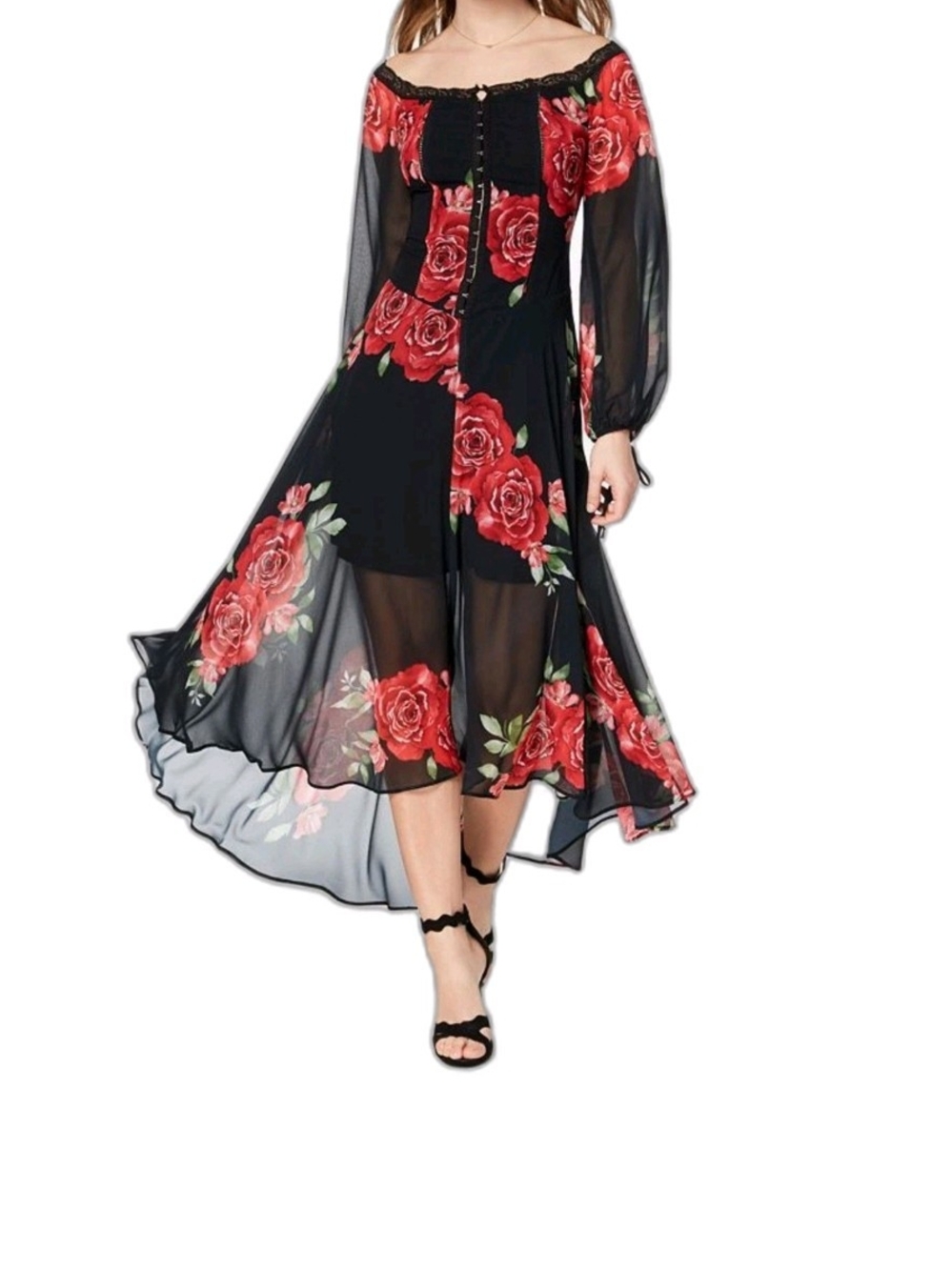 Disney Princess Black High-Low Corset Chiffon  Dress with Red Rose Print L